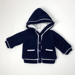 NWT BEANSTORK Baby HOODED CARDIGAN Jacket Blue White Knitted Fax Fur Lining 3M